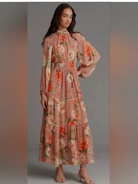 Anthropologie Floral Smocked Waist Maxi Dress - Blush Pink